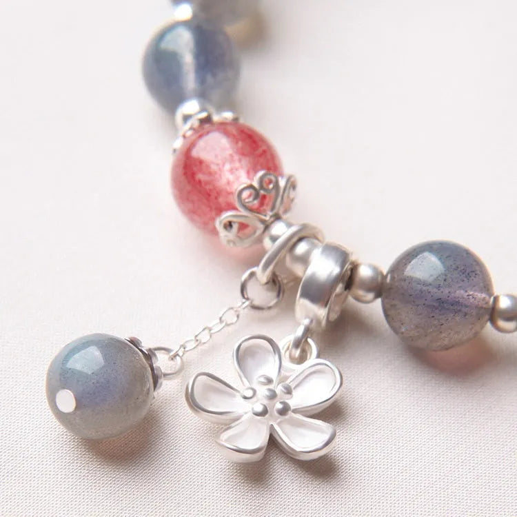 Grey moonlight crystal bracelet for women in 925 silver with honeysuckle animal zodiac design and 7.5mm beads