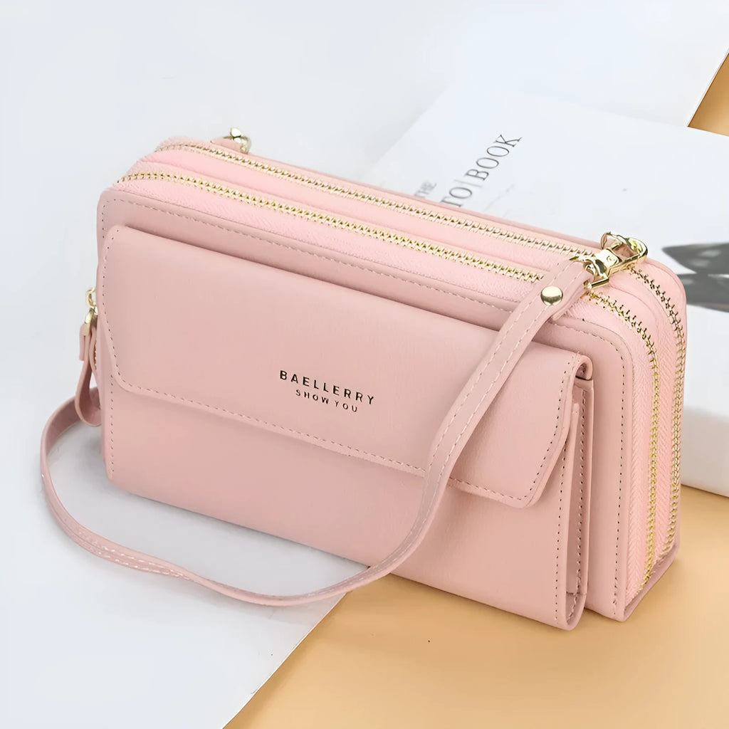 Red PU leather ladies diagonal messenger bag with double zipper and large capacity design