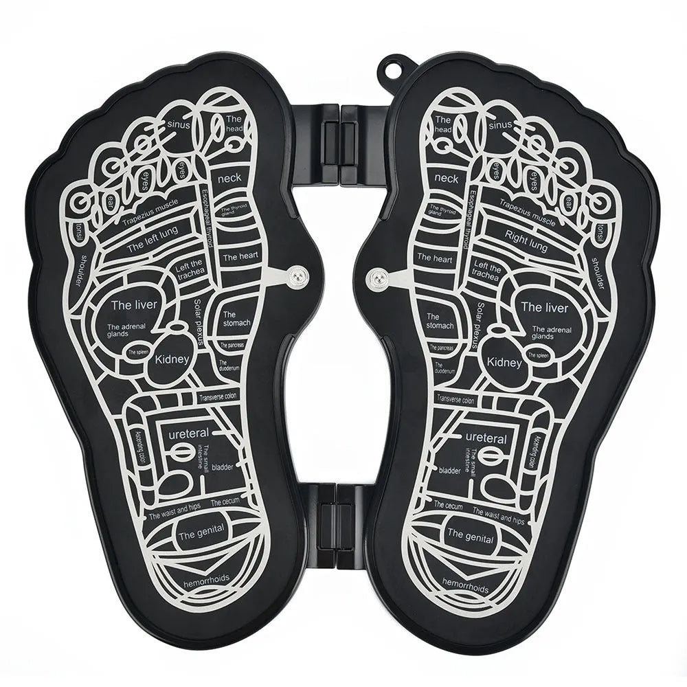 Black rechargeable foldable EMS foot massager pad with control host on floor