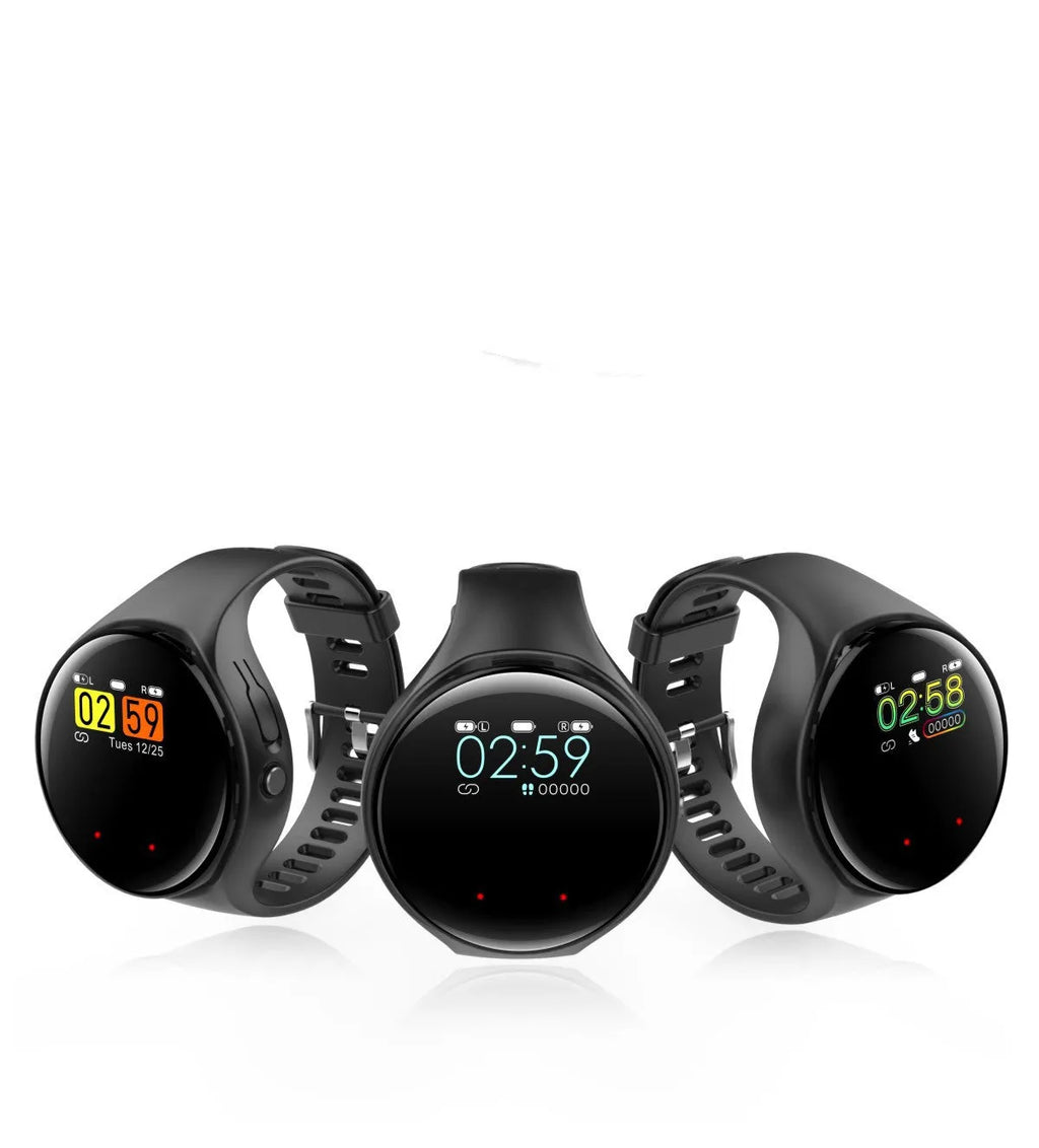 Black smart bracelet with detachable TWS earbuds showing colour screen display