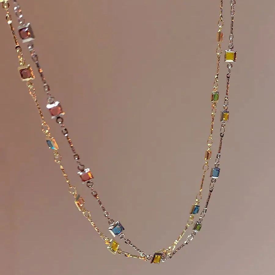 Square colour fine clavicle chain necklace with geometric artificial crystal quadrilateral pendants