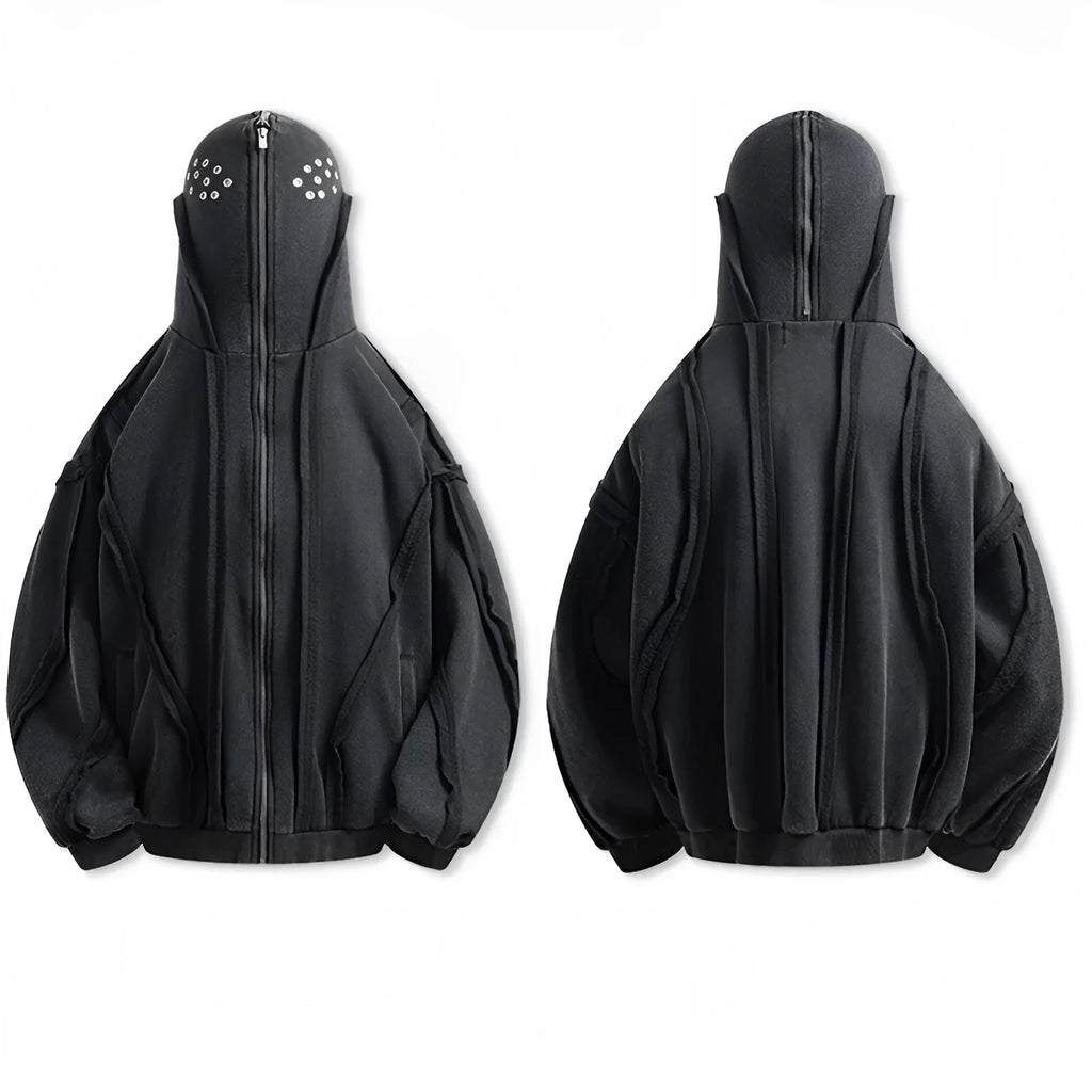 Men's black abstract pattern cotton hooded cardigan coat with zip fastening
