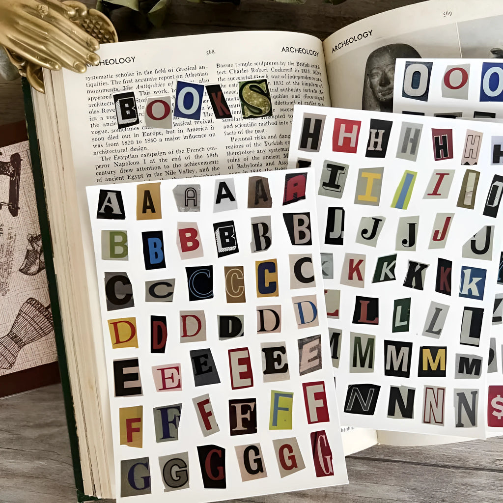 Set of cute style English letter A B C D E and weekly word decoration stickers.