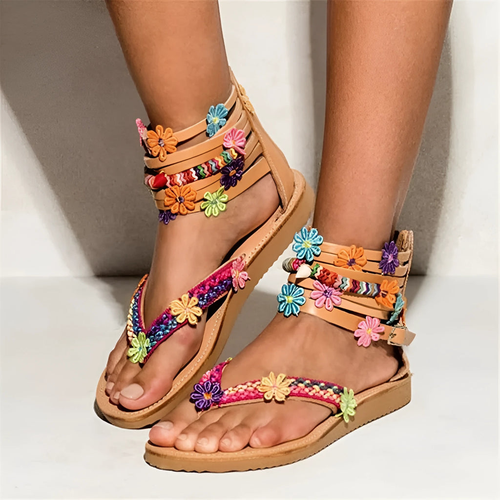 Ethnic style beaded petal sandals with floral design on artificial PU upper