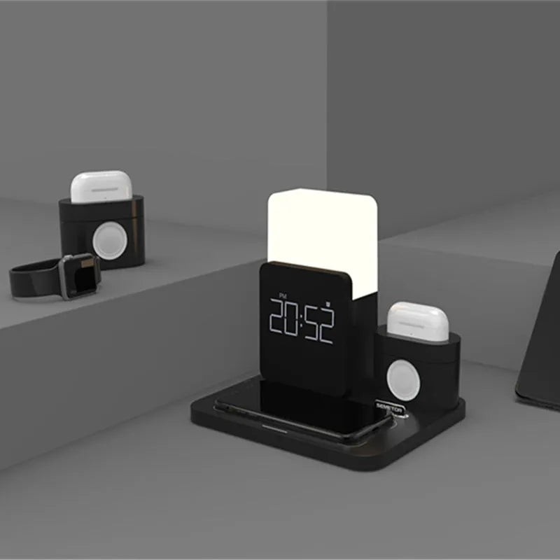 3-in-1 wireless charging stand in black showing slots for smartphone, smartwatch and earbuds case