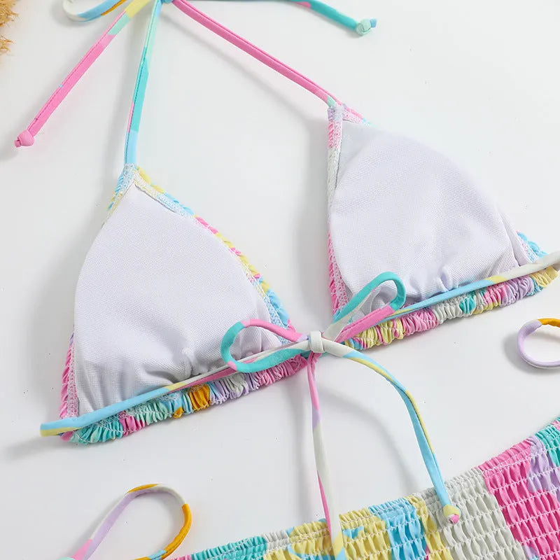 Women's multicolour triangle bag bikini set with split printed floral gradient pattern and smocking craft details