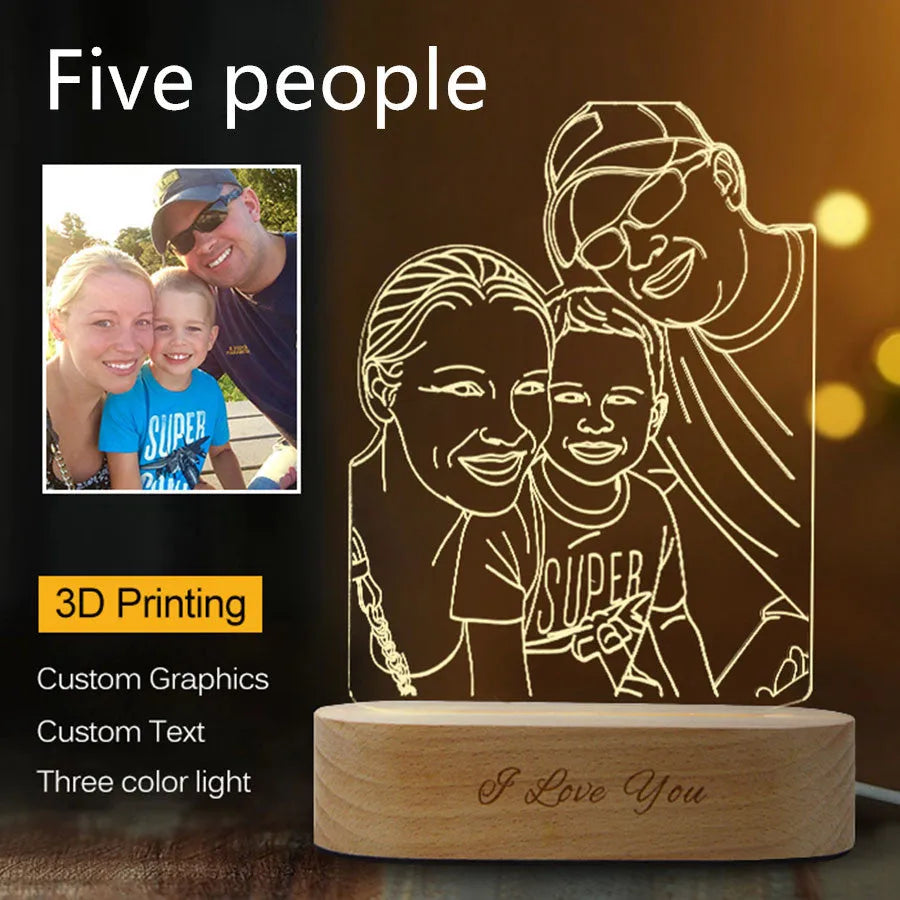Custom photo 3D stereo night light with acrylic shade on a desk, displaying a clear portrait with soft glow