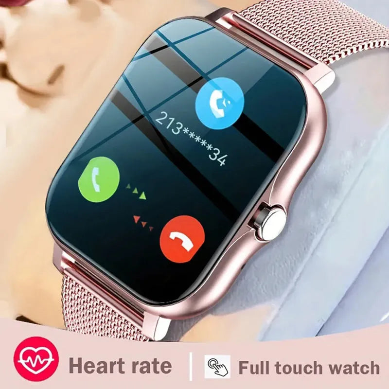 Smart watch with touch screen showing Bluetooth calling interface and health metrics