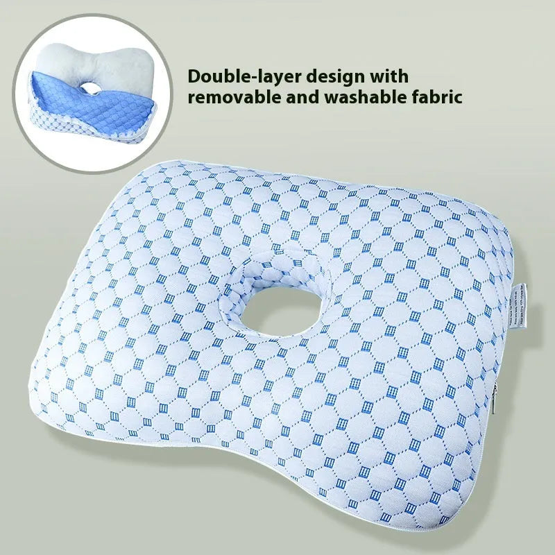 Beauty salon single hole ear pillow in grey with detachable cover, shown next to a tape measure indicating 39cm length.