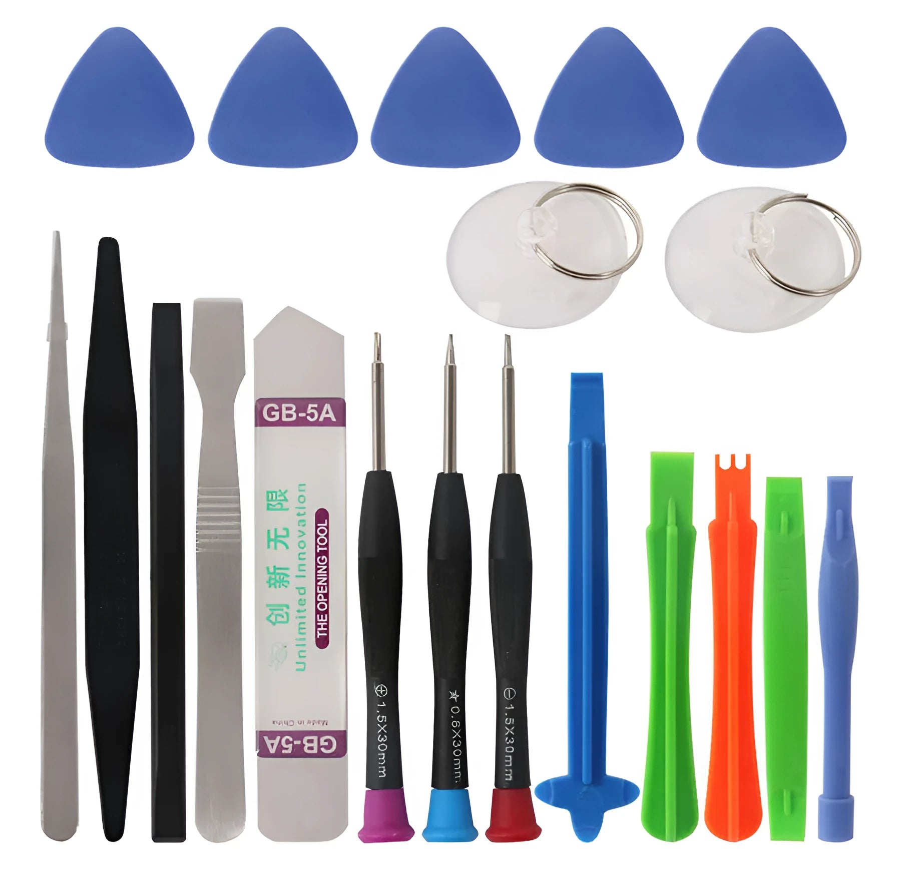 21 piece mobile phone disassembly tool set with chrome vanadium alloy steel screwdrivers, plastic spudgers, and suction cups for iPhone repair