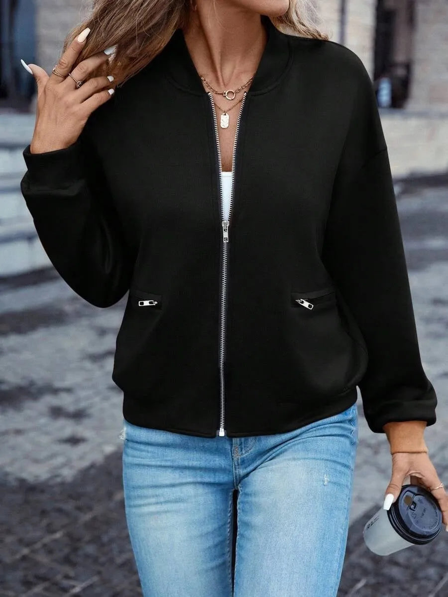 Black women's zip jacket with long sleeves and faux pockets