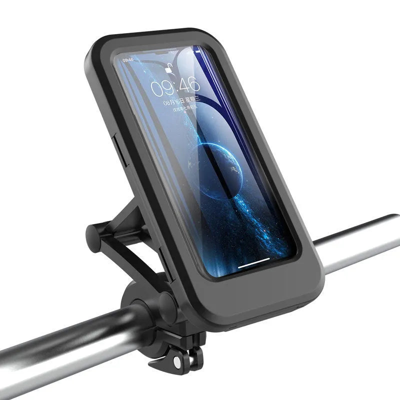 Adjustable waterproof bicycle phone holder mount in black, holding a smartphone on a handlebar with magnetic suction and 360-degree rotation