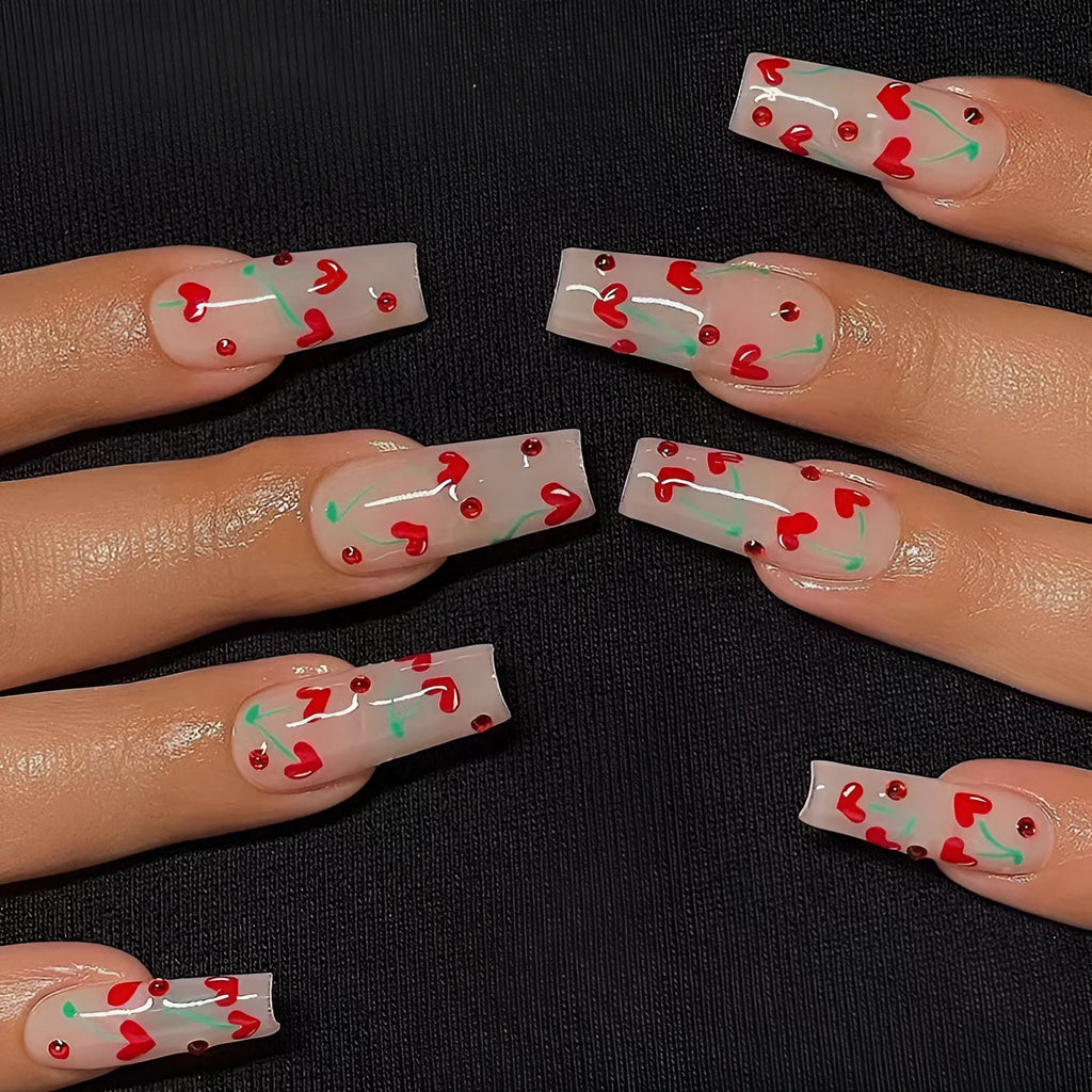 Pack of JP1601 red diamond and small cherry design nail armour stickers with glue bottle