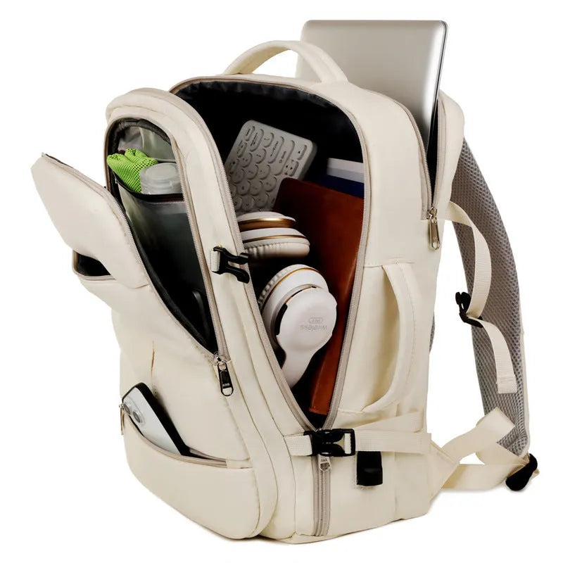 Waterproof Oxford cloth backpack for a 15.6 inch laptop, shown in multiple colours with visible pockets and zippers.