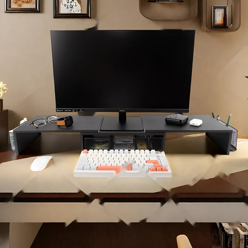 Double-station carbon steel monitor elevated rack in black with retractable design on desk