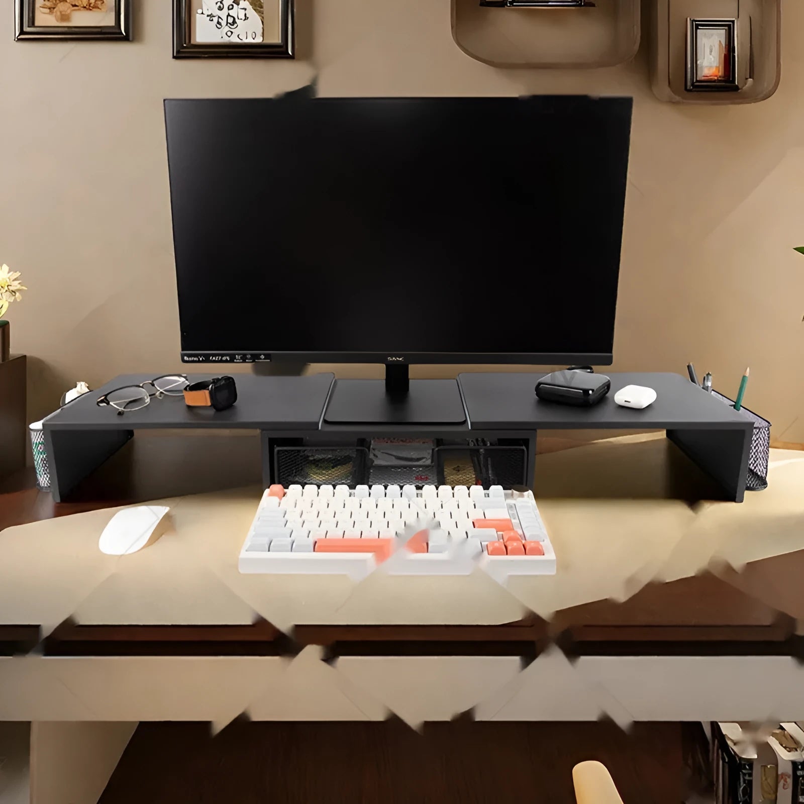 Double-station carbon steel monitor elevated rack in black with retractable design on desk