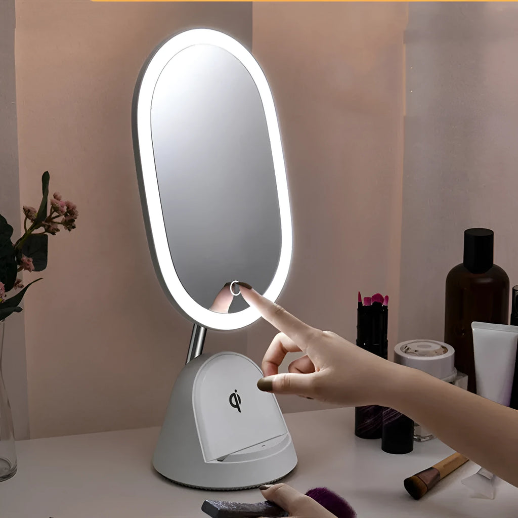 White multifunctional makeup mirror table lamp on desk, compact size 12.2x12.8x43.9cm, socket powered 220V.