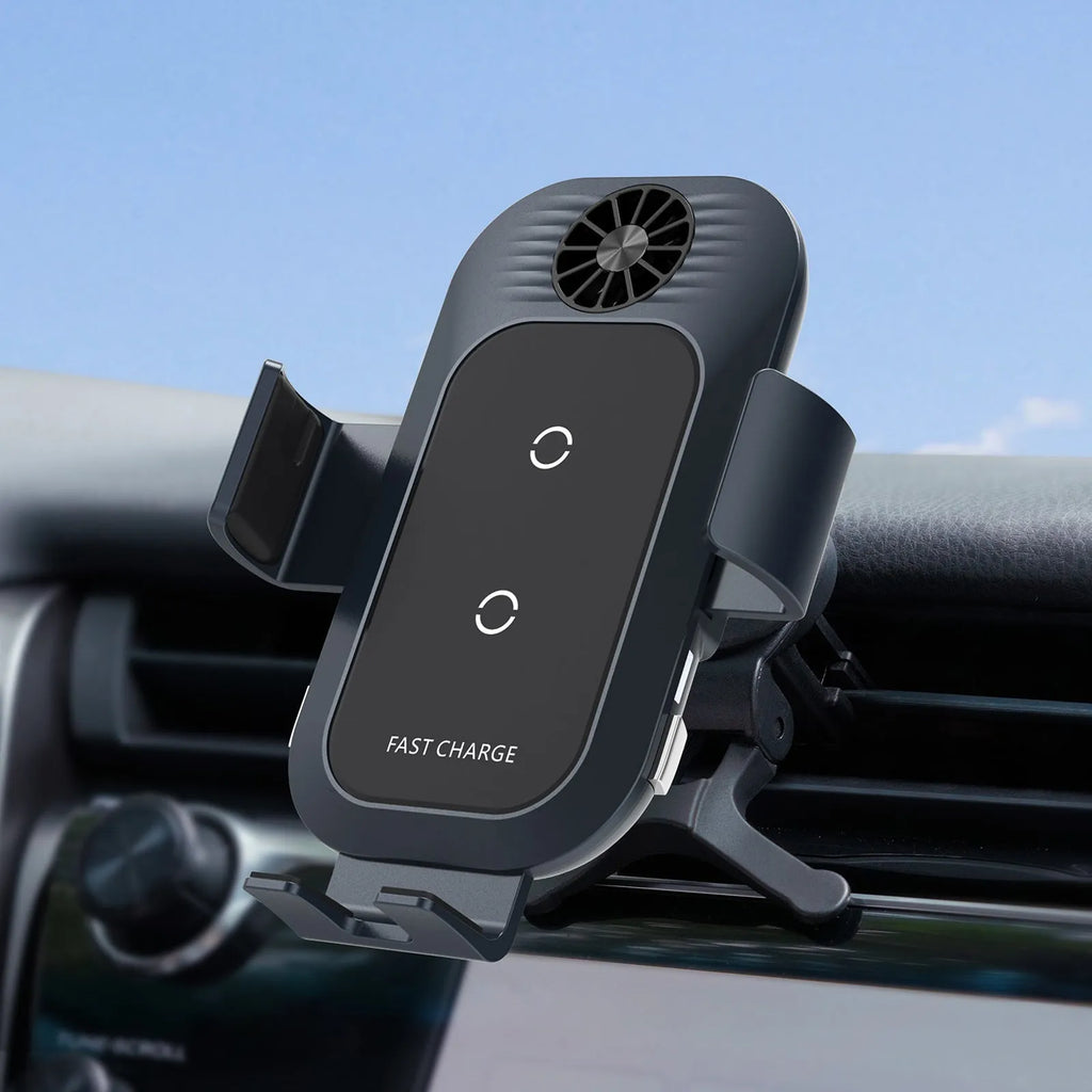 Car wireless charger mobile phone holder with suction cup air outlet mount, matte oil and acrylic lens finish, 15W fast charging