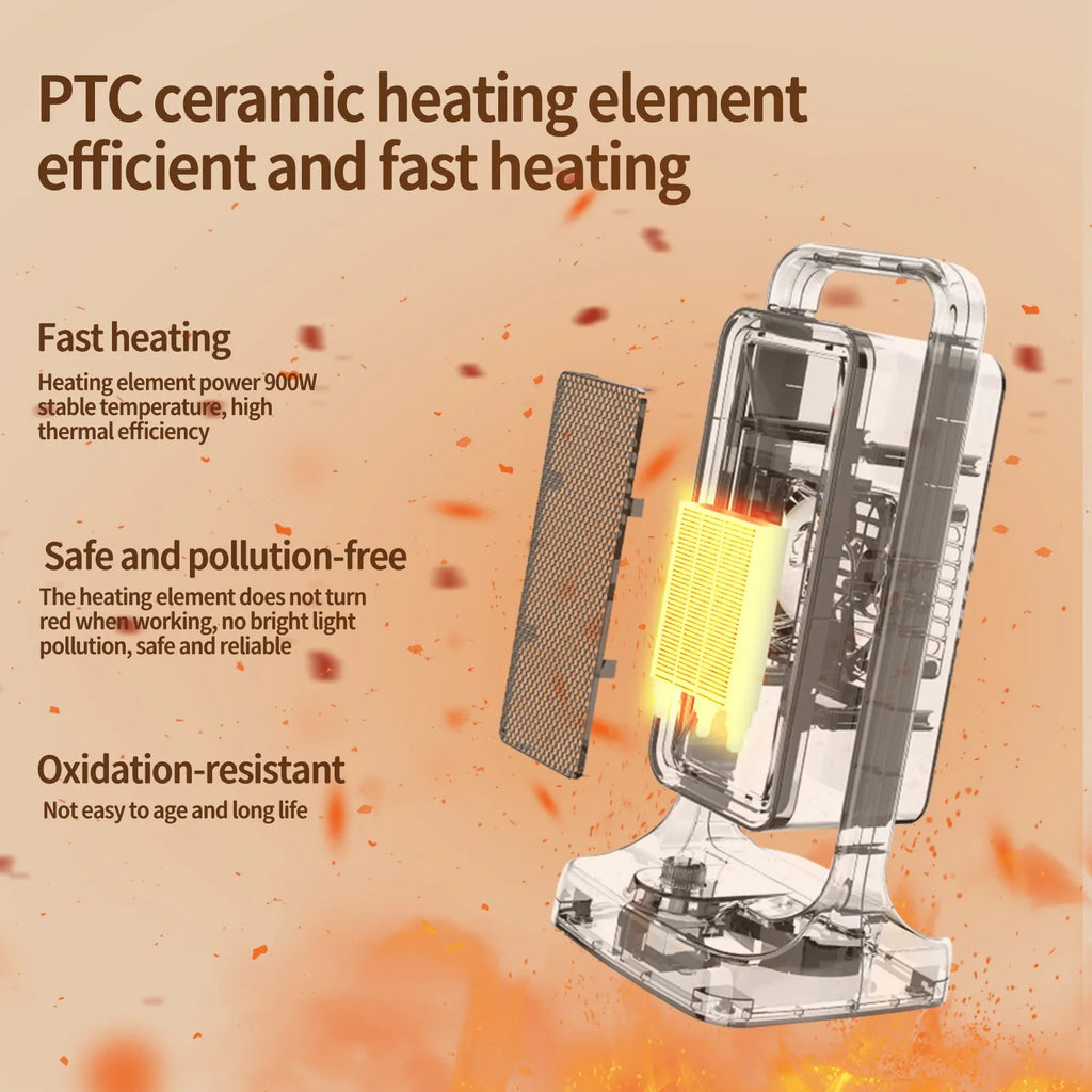 Black PTC ceramic desktop air heater with knob control on wooden surface