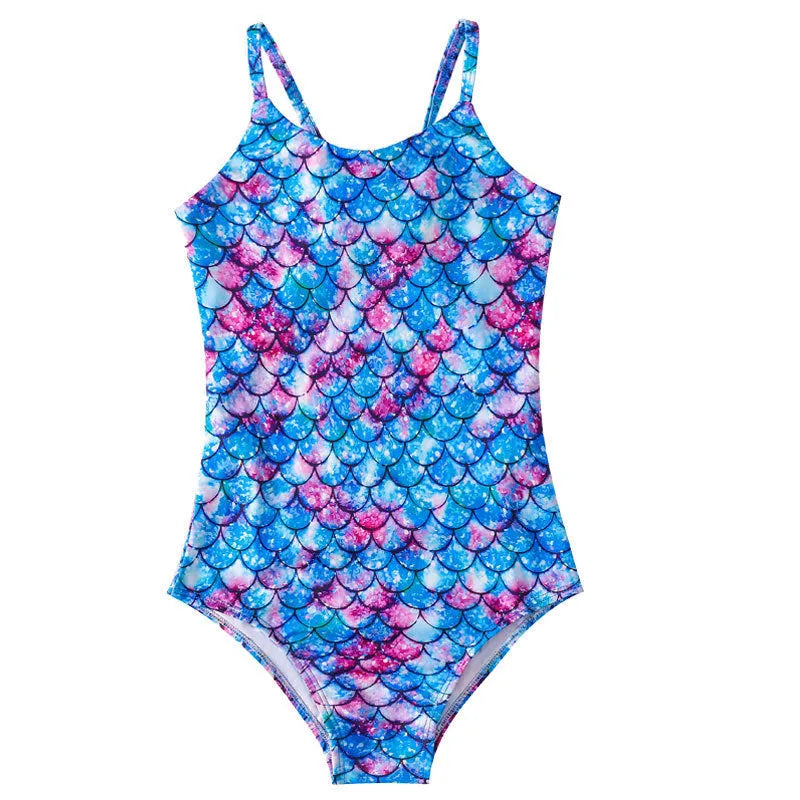 Children's mermaid one-piece swimsuit for girls in high-elasticity polyester, available in multiple colours and sizes from 100cm to 150cm