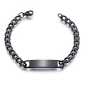 Personalised stainless steel bracelet with laser engraved human eye design, available in black, gold, and silver finishes
