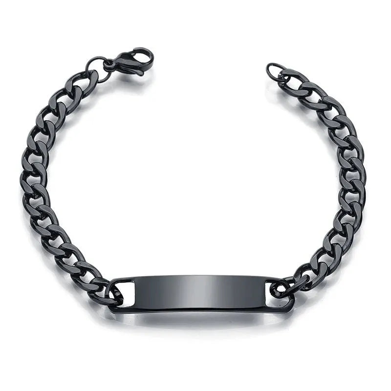 Personalised stainless steel bracelet with laser engraved human eye design, available in black, gold, and silver finishes
