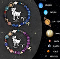 Two natural stone beaded bracelets showing different zodiac sign charms on a plain background.