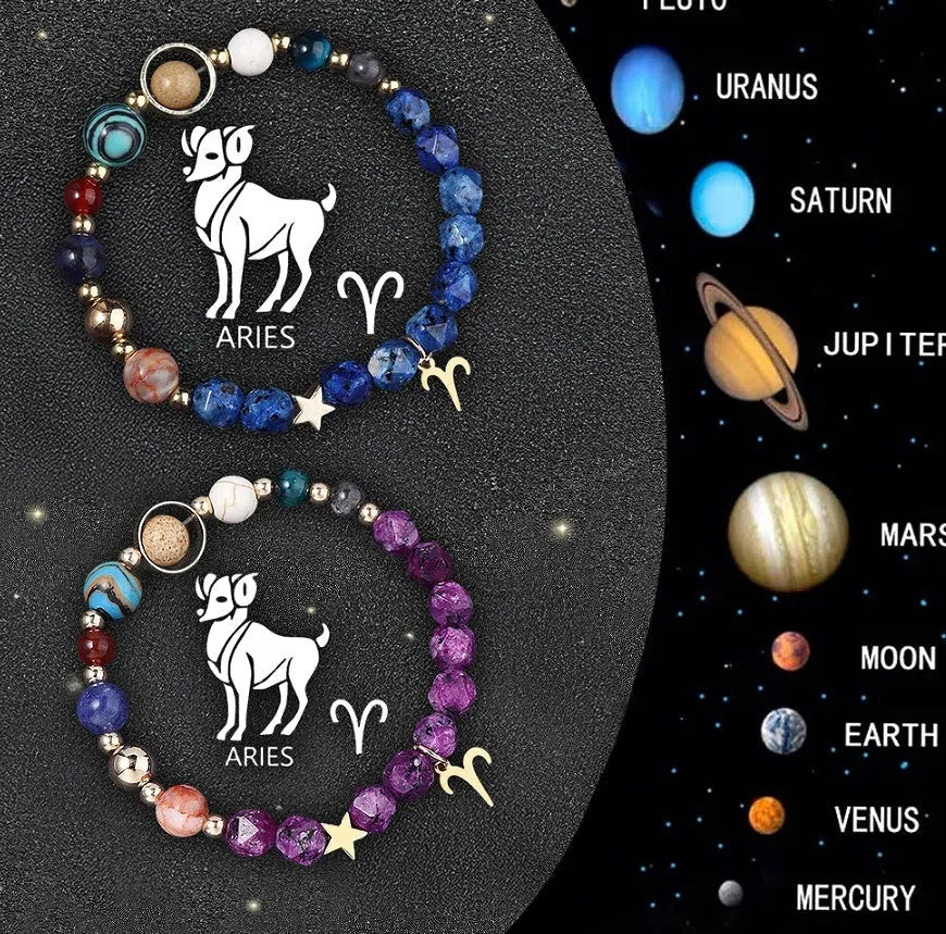 Two natural stone beaded bracelets showing different zodiac sign charms on a plain background.