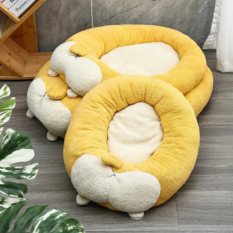 Corgi shaped plush pet bed for dogs and cats in Size L, PP cotton filled, beige and brown colours