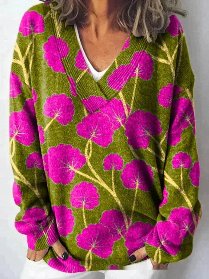 Women's V-neck long sleeve sweatshirt with a 3D floral print in an art retro style.