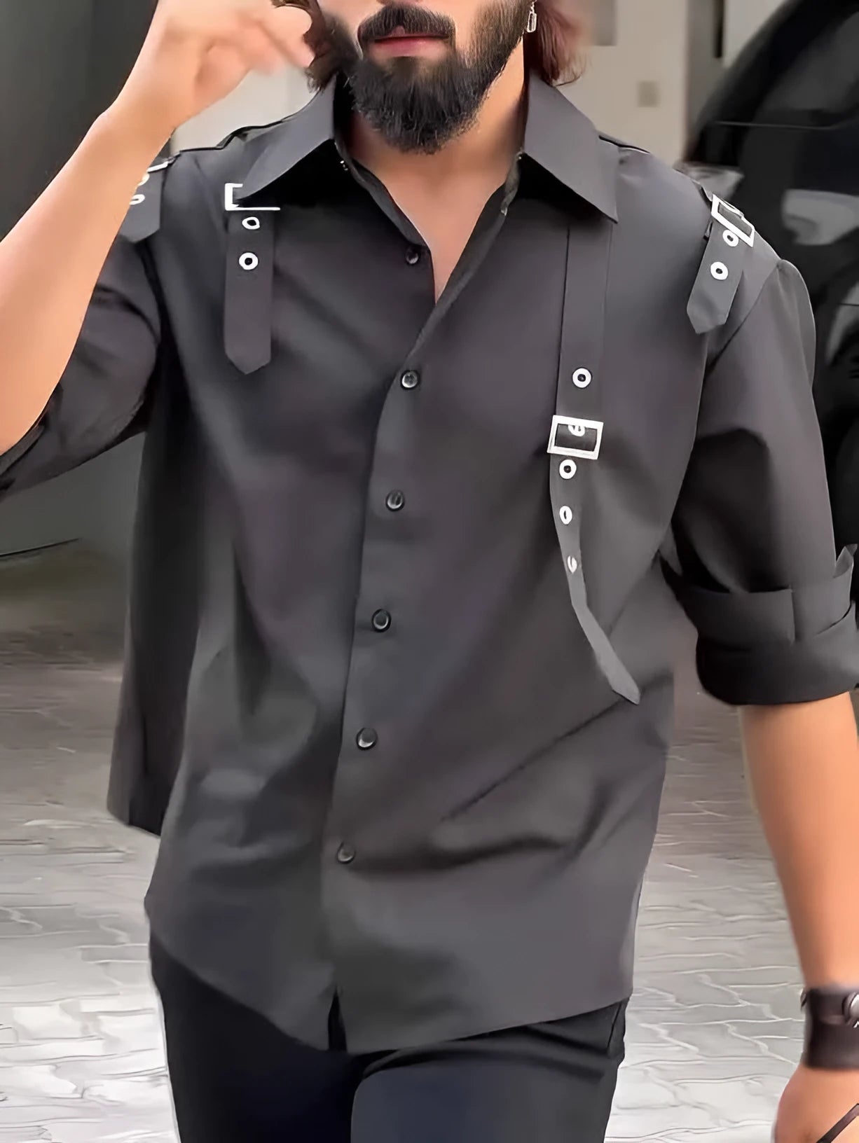 Men's black button-up utility shirt with a regular fit, shown flat