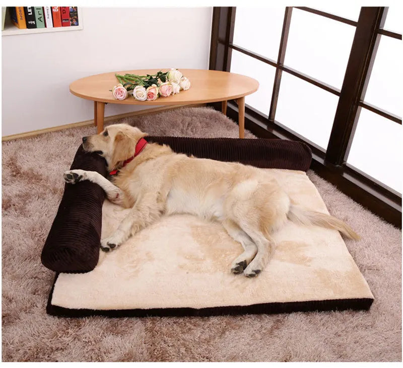 Corduroy pet dog sofa bed with non-slip base in a neutral colour on a wooden floor