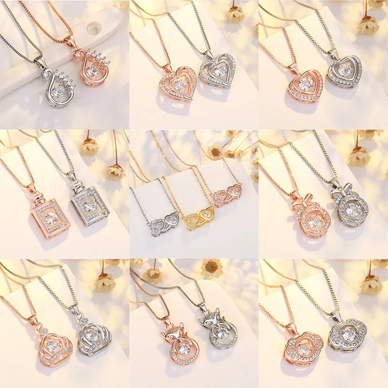 Sterling silver love heart pendant necklace with crown and bow design in rose gold and silver finish options