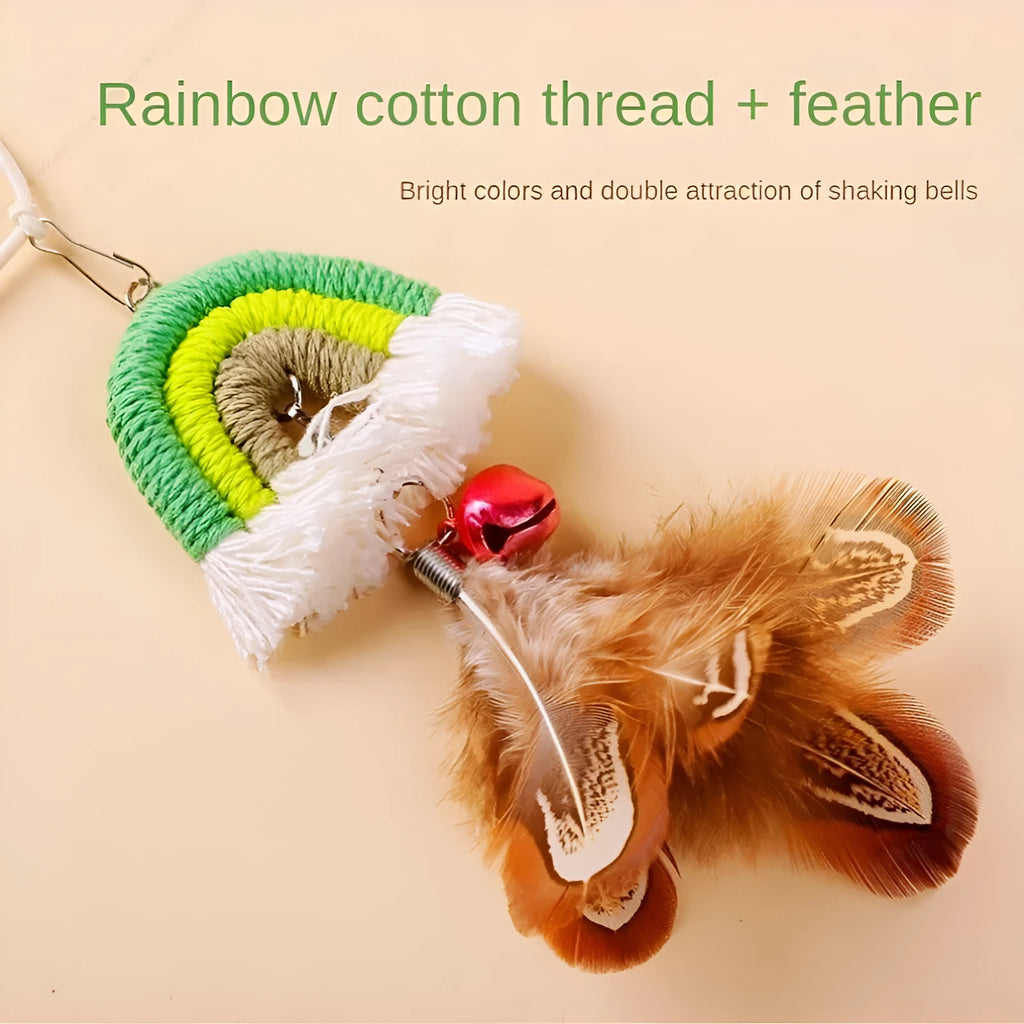 Blue feather rope cat toy with elastic cord hanging from door with sticky buckle clamp