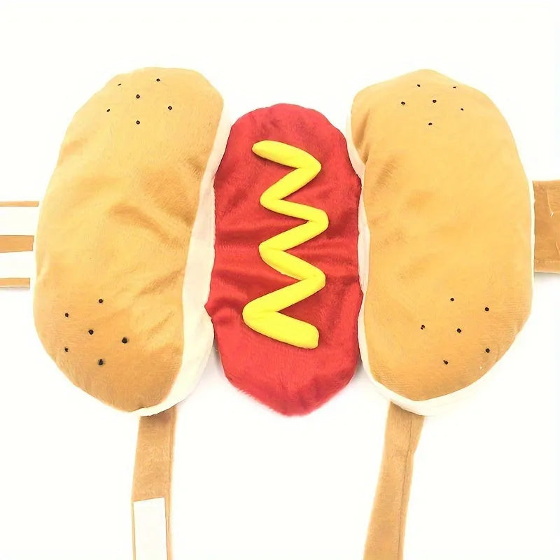 Funny hot dog costume suit on a small dog for pet cosplay and winter clothing.