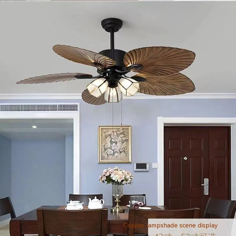 52-inch retro ceiling fan light with wooden blades and five copper lampshades