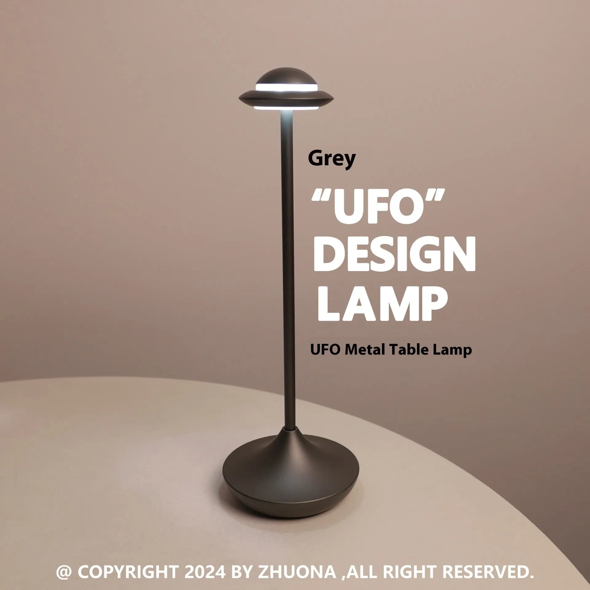 Modern UFO-shaped metal desk lamp with touch-sensitive base in black, gold, or grey finish.