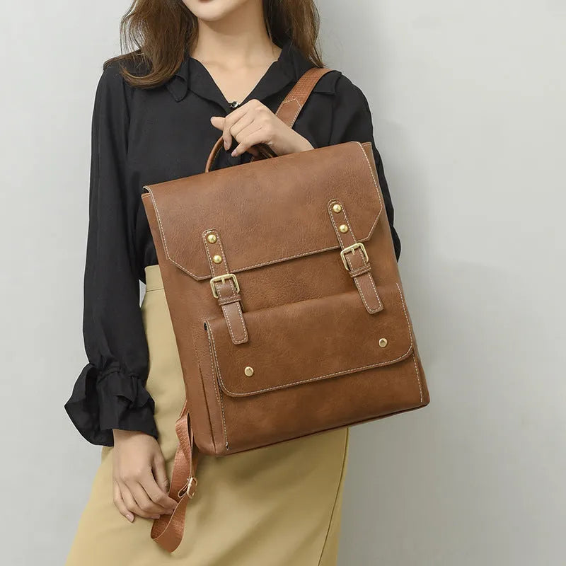 Korean retro style simple backpack in soft PU material, shown in available colours.