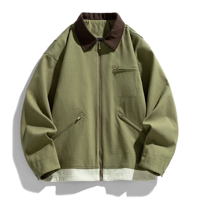 Men's Korean-style loose-fit workwear jacket with contrast colour lapels in polyester fabric