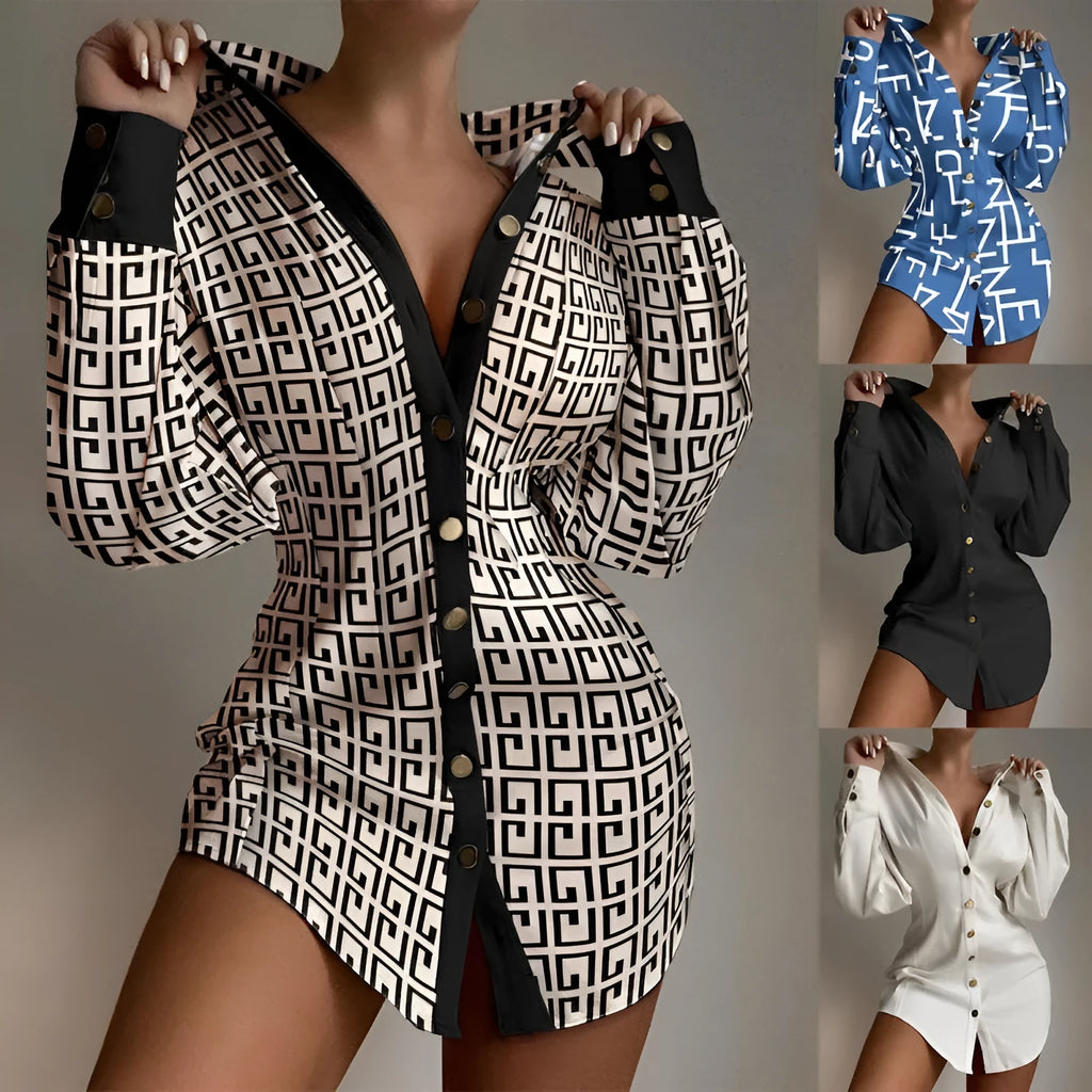 Women's printed shirt with waist fastener decoration, cashmere blend, long sleeve, art retro style, black colour
