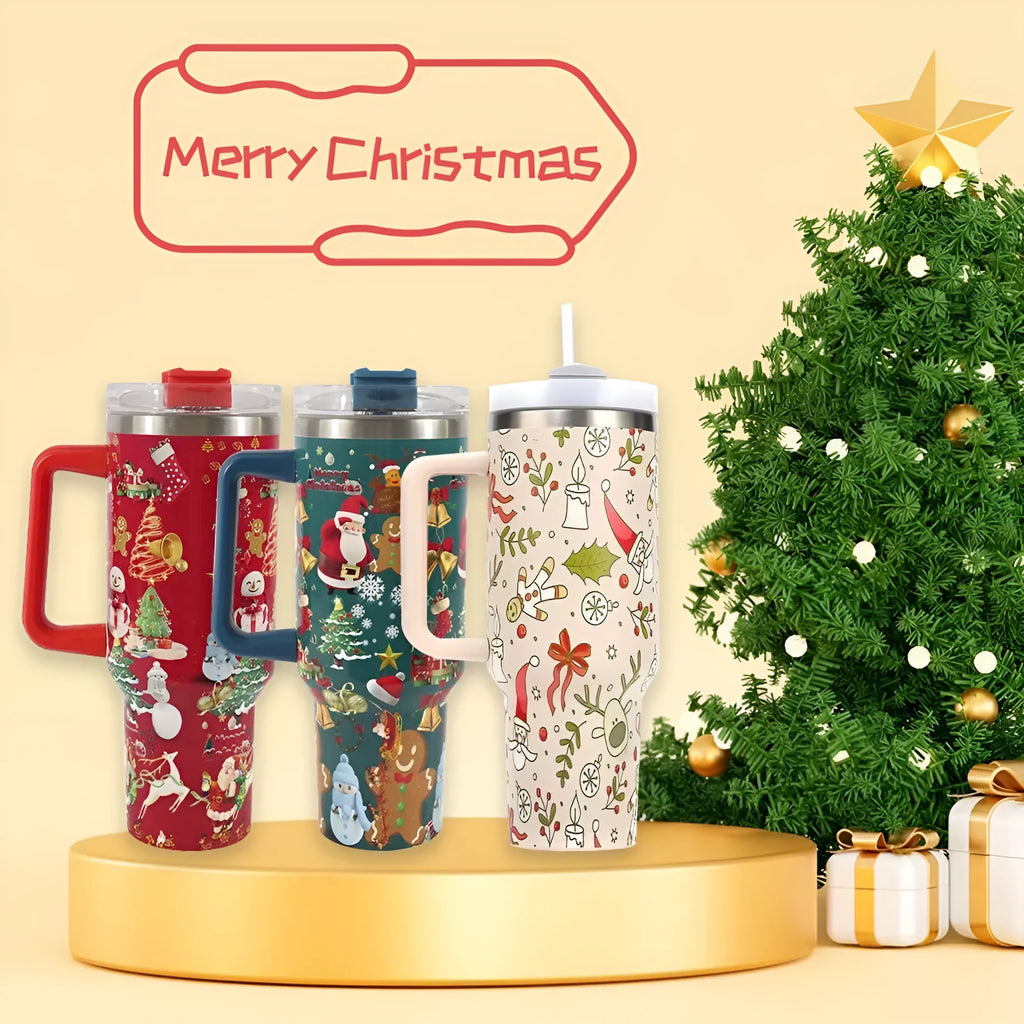 Christmas pattern stainless steel vacuum tumbler with handle, lid, and straw, 1200ml capacity