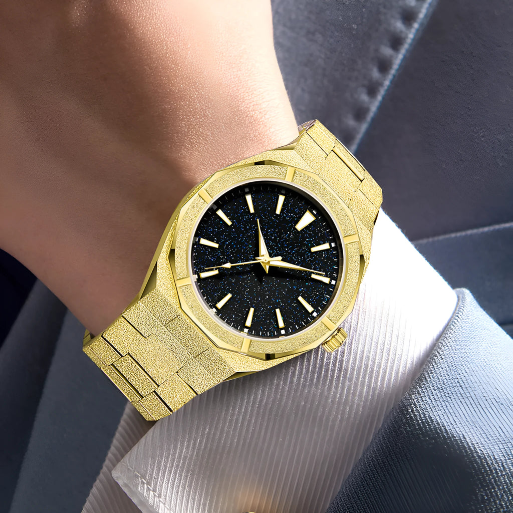 Business men's watch with frosted stainless steel case and luminous markers in silver, gold, or black colour options