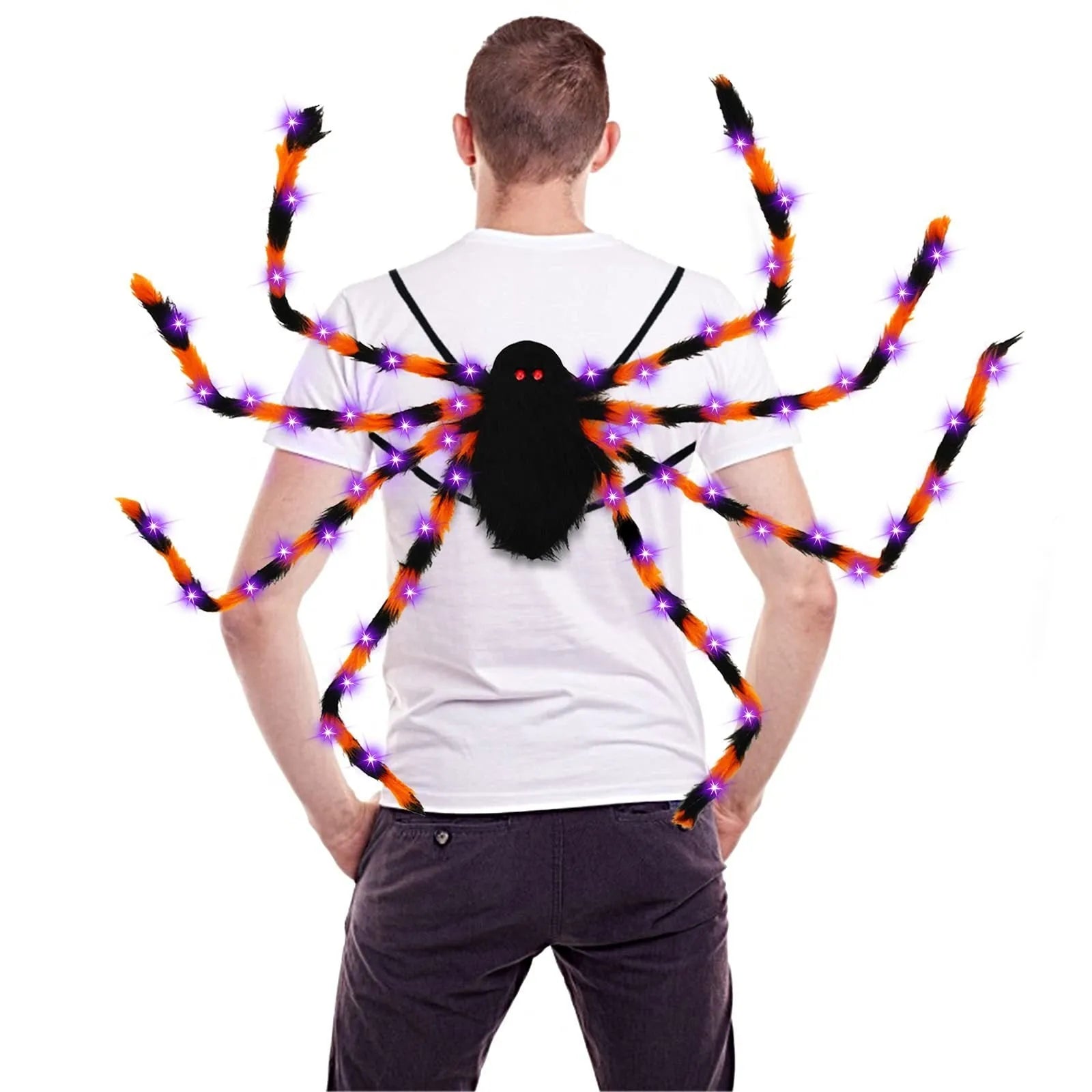 Halloween spider backpack with LED lighting in plush sugar bag construction