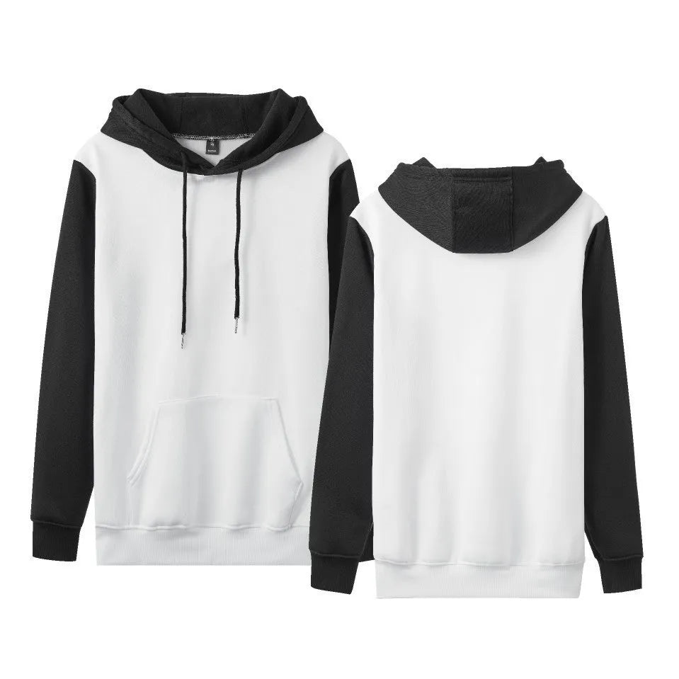 Fleece-lined loose fit pullover hoodie in white with black stitching, cotton blend