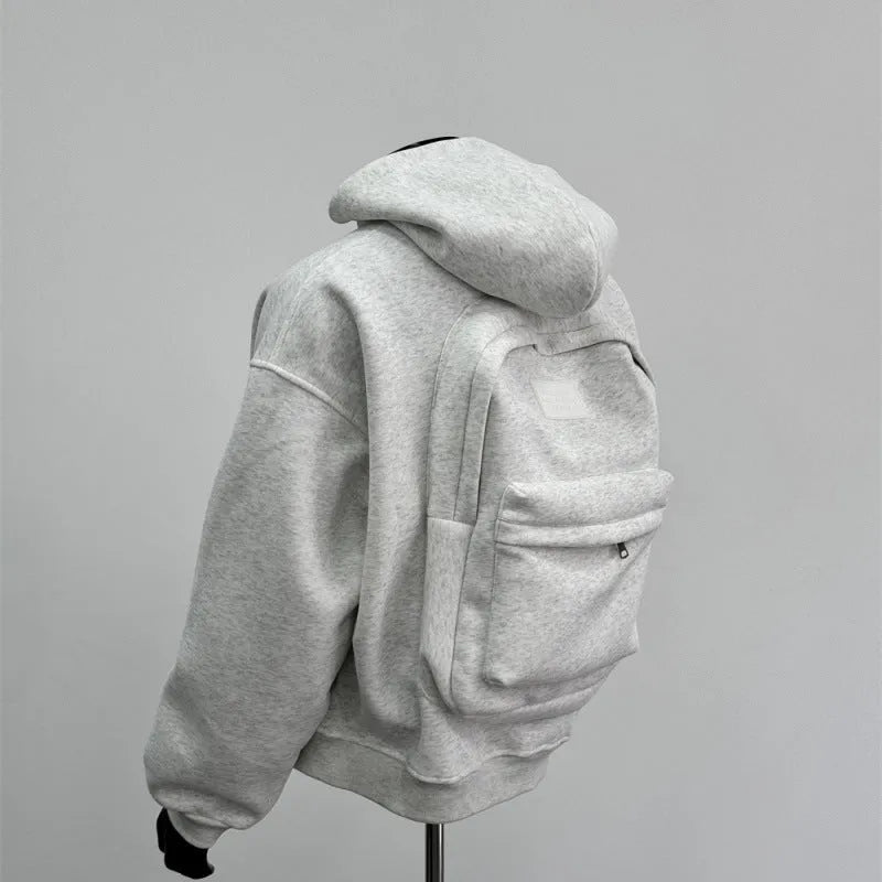 Hooded men's coat in light gray with backpack-style front pocket, polyester cotton blend, casual fit