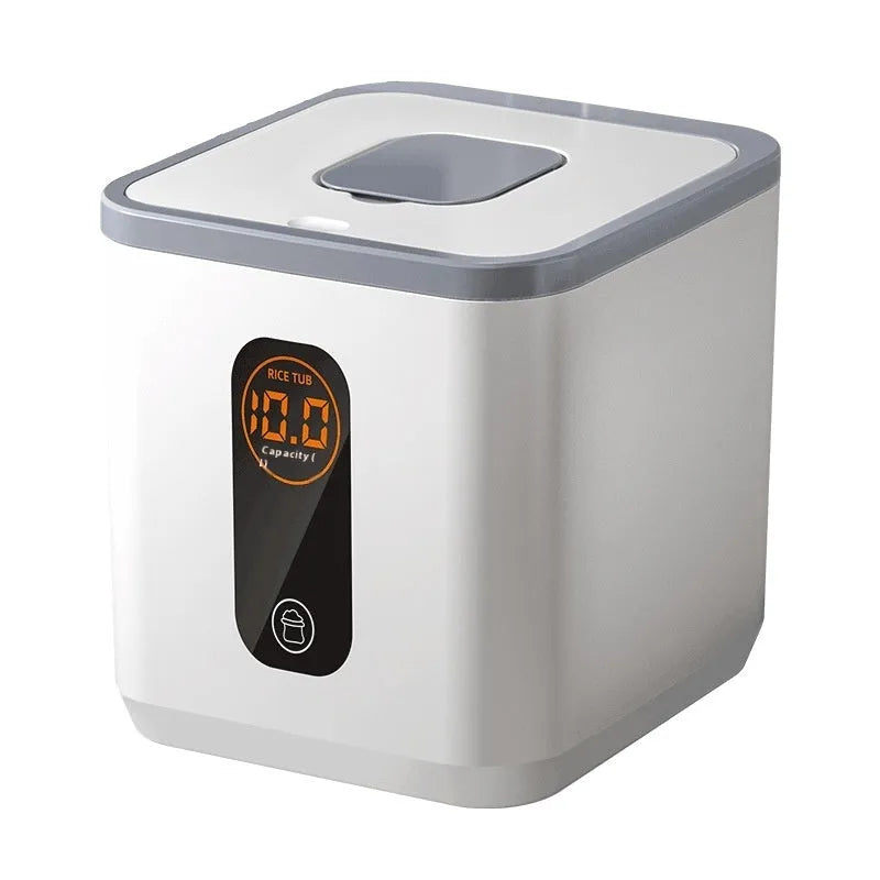 Grey plastic rice storage jar with sealed lid and measuring cup for dry goods preservation