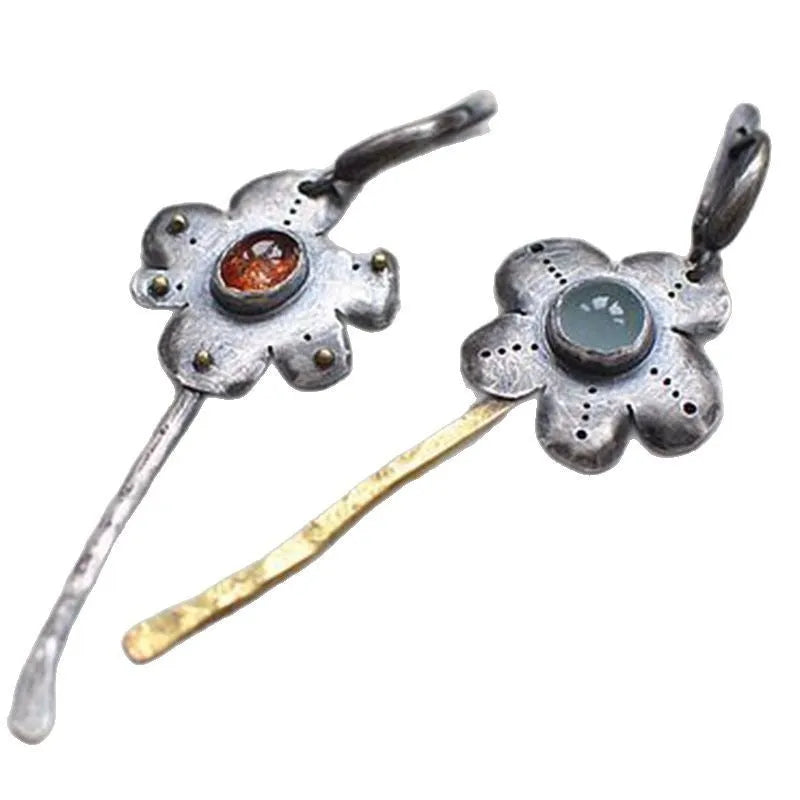 Fashion retro two-tone flower long earrings, alloy, electroplated finish, geometric shape, asymmetrical colours