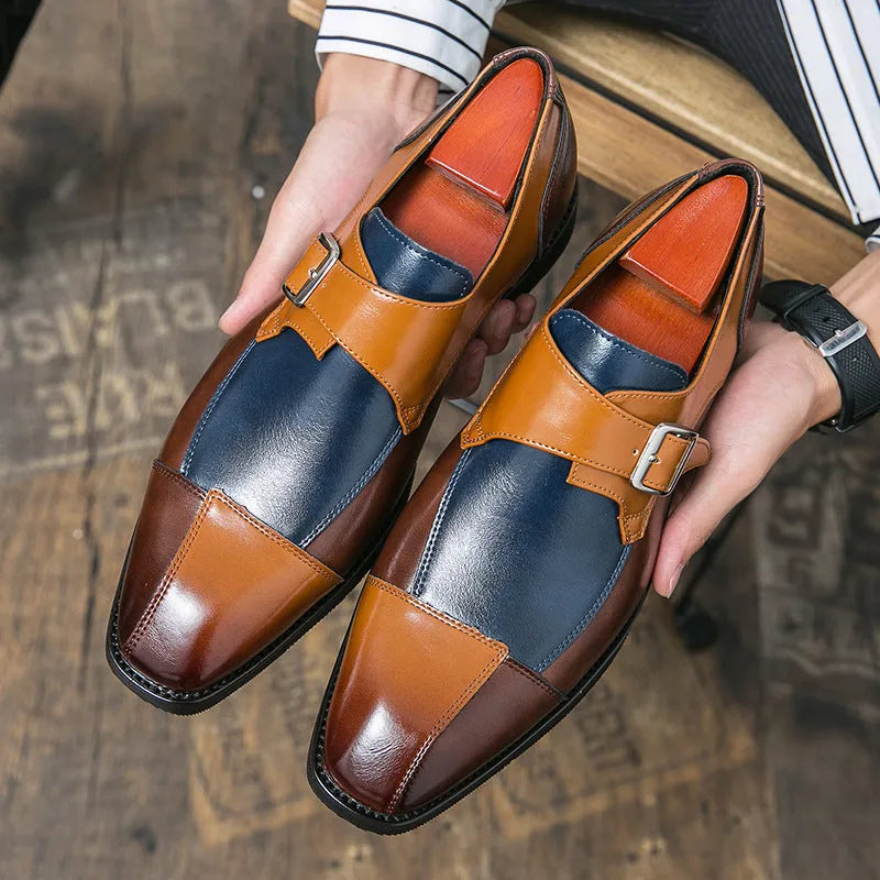 Men's brown blue retro buckle casual shoes with tall crown microfiber upper
