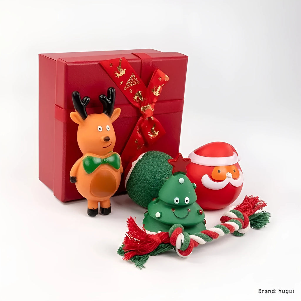 Set of Christmas-themed dog toys including barbell, sweet circle, Christmas tree, footprint ball, tennis bite rope, Santa Claus head, and yellow deer in vinyl material