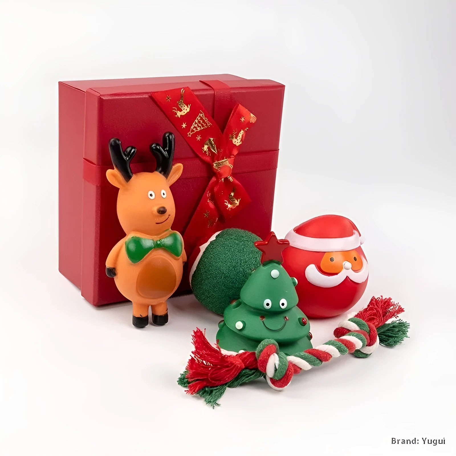 Set of Christmas-themed dog toys including barbell, sweet circle, Christmas tree, footprint ball, tennis bite rope, Santa Claus head, and yellow deer in vinyl material